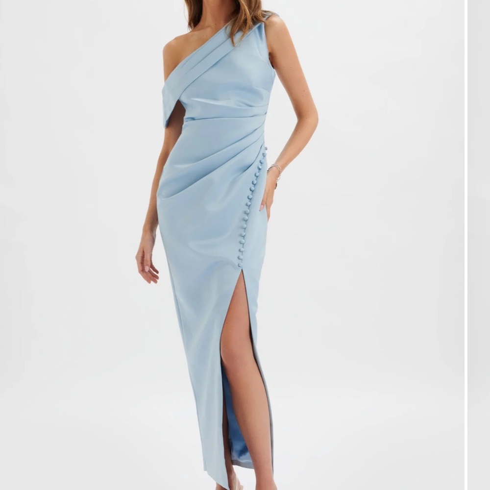 Lavish Alice Blue Ruched One-Shoulder Gown